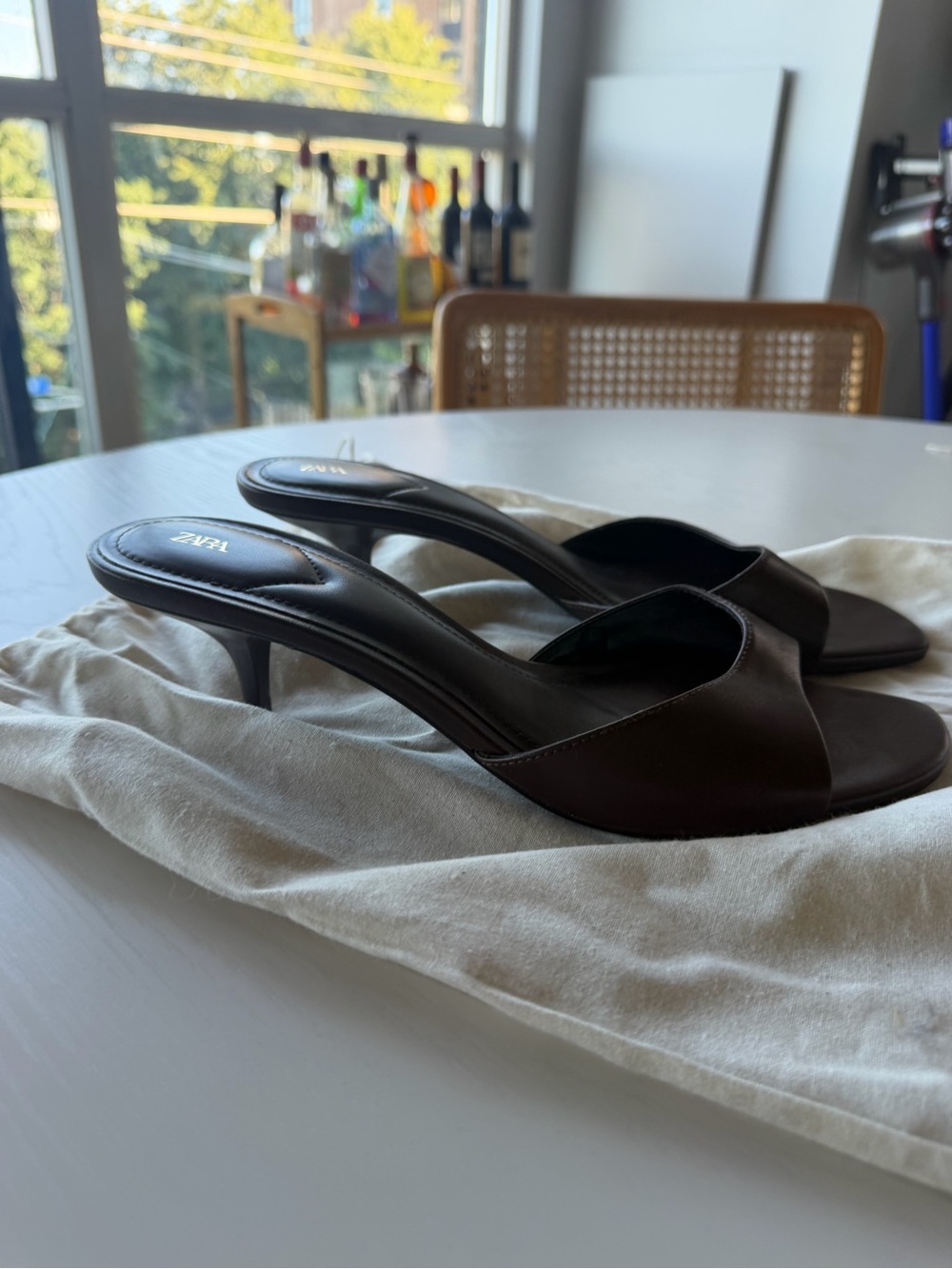 Zara Dark Brown Open-Toe Kitten-Heel Slide Mules